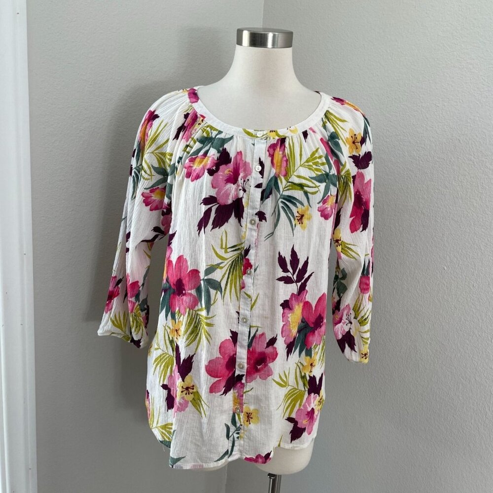 Chaps Womens Large‎ Floral Gauzy Shirt Long Sleeve Tropical Blouse Top